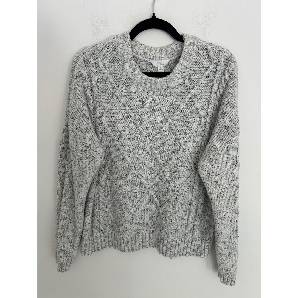 Time and Tru Womens XL Grey White Marl Cable Knit Pom Pom Sweater TT41100016575